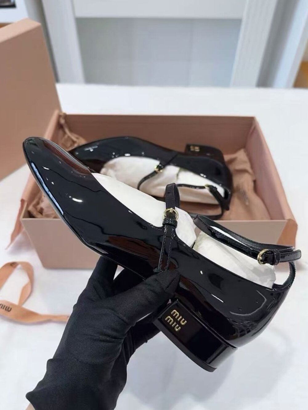 Miu Miu Black Patent Leather Ankle Strap Low Heel Mary Janes